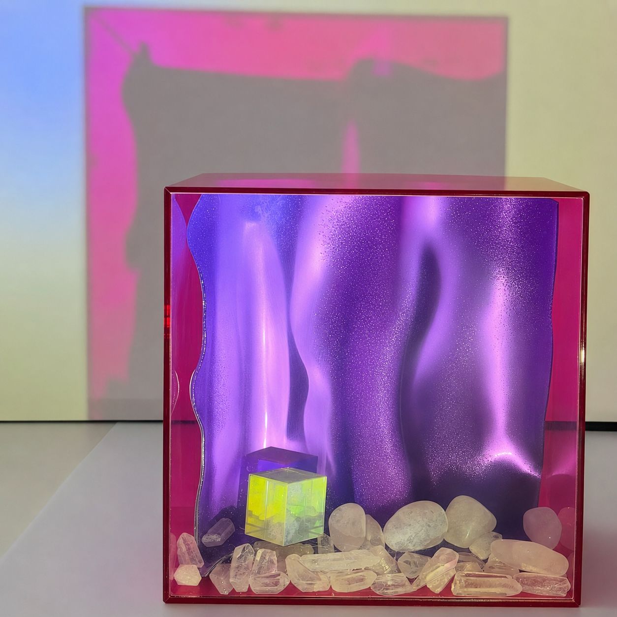 Caixa de luz rosa e violeta com cristais transparentes