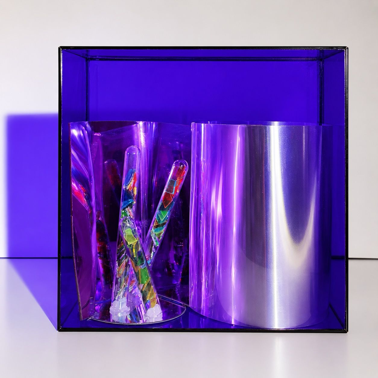 Caixa violeta com superfícies refletoras, tubos de ensaio e elementos coloridos