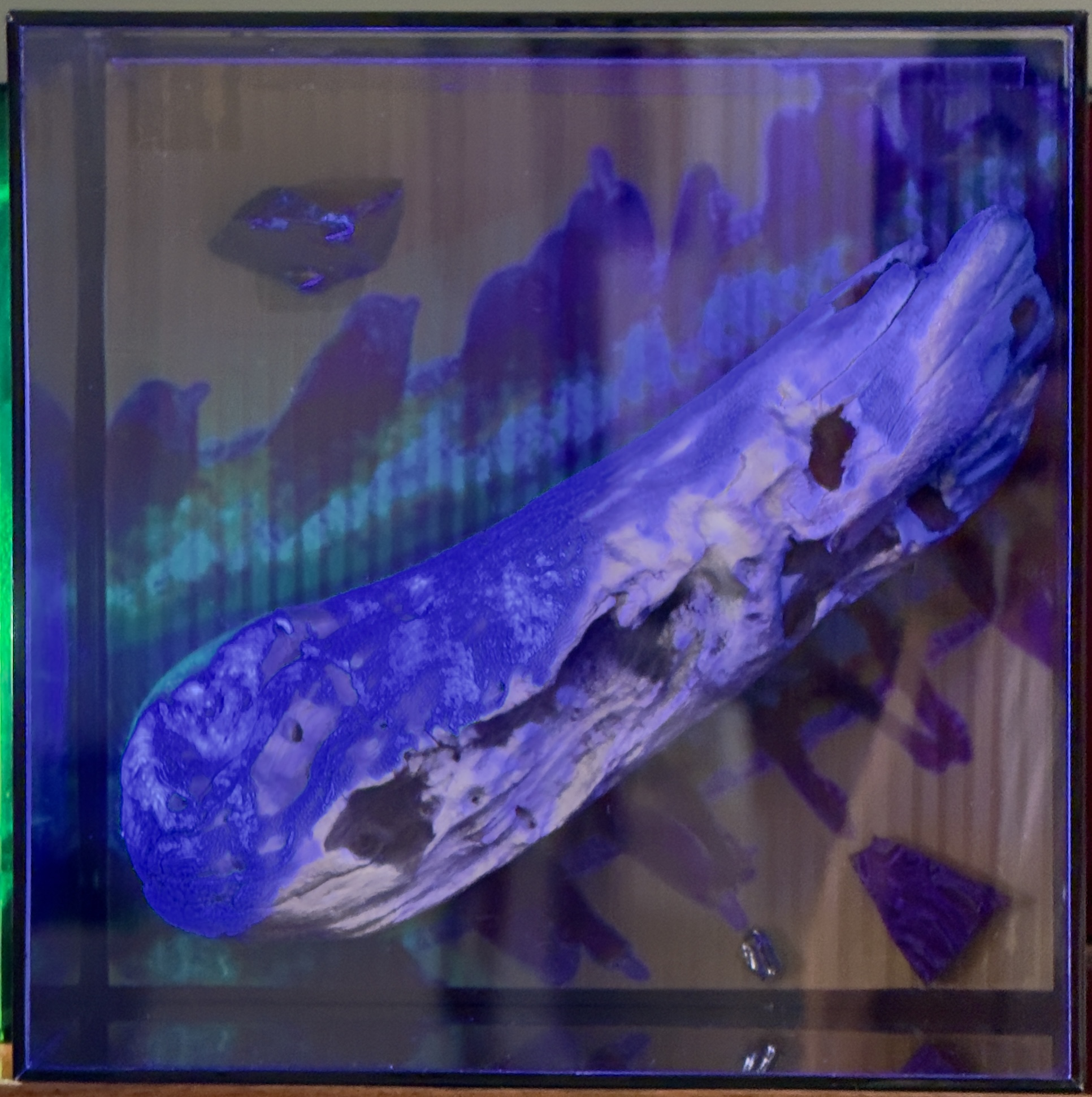 Caixa iluminada em azul e violeta com fragmento de madeira ao centro